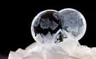 USA, Indiana, Carmel. Frozen soap bubbles with feather-like crystals on bed of ice. Art Print